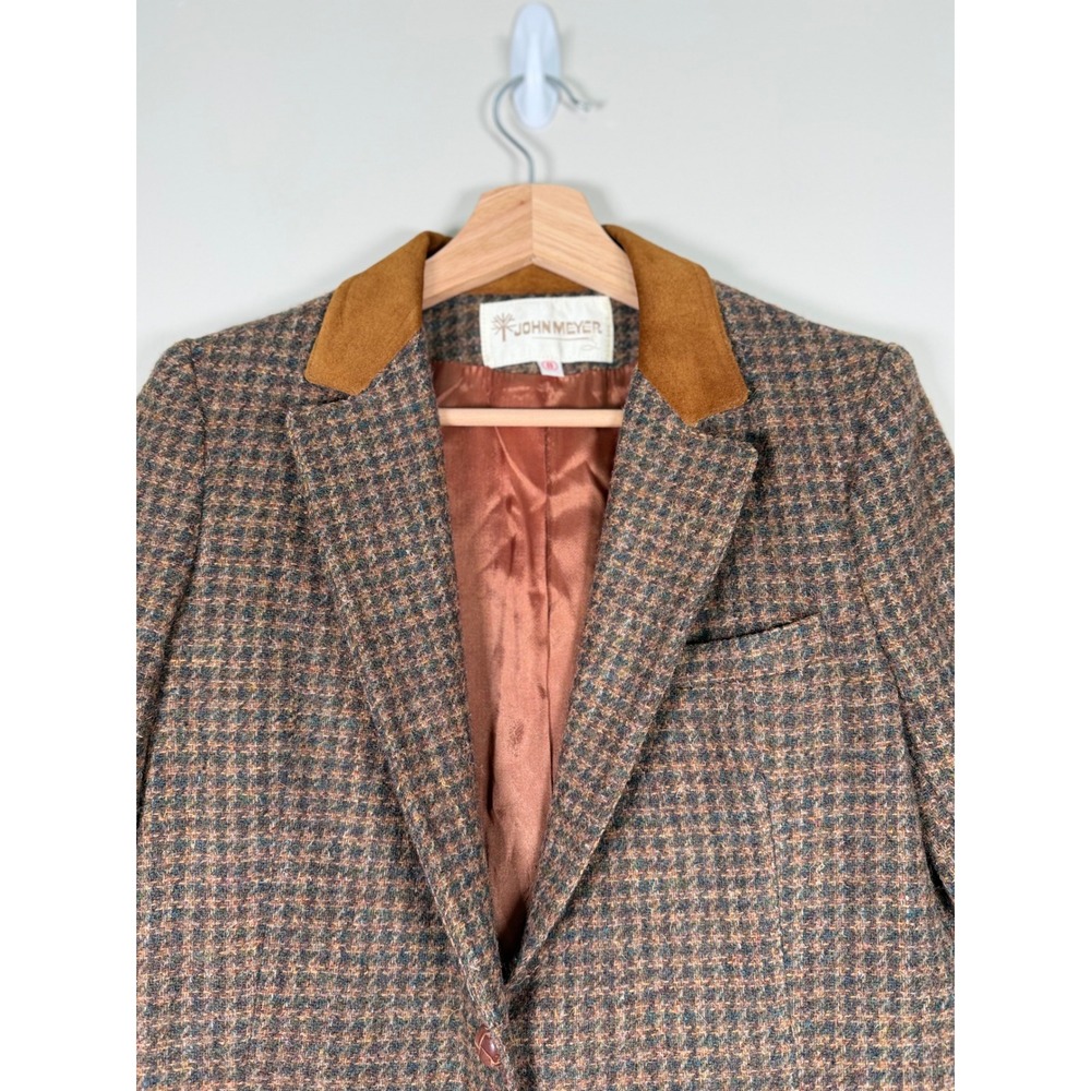 John Meyer Vintage Brown Tweed Houndstooth Blazer Elbow Patches Womens 8 - Picture 7 of 15